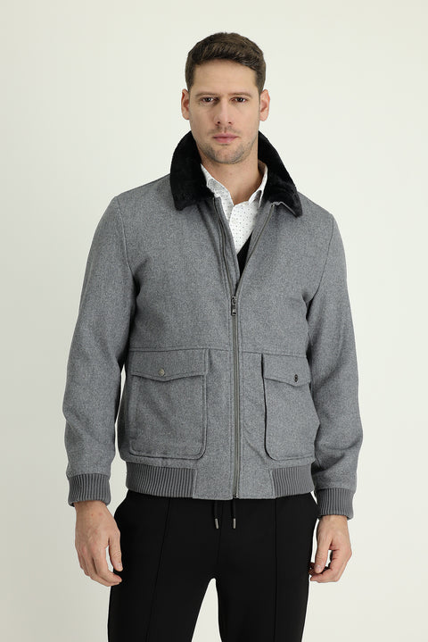 Orta Anrasit Melanj Kürk Yaka Yünlü Mont