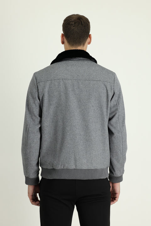 Orta Anrasit Melanj Kürk Yaka Yünlü Mont