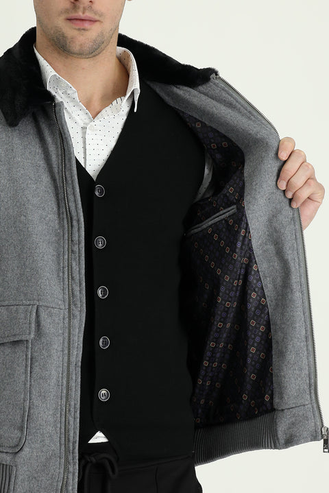 Orta Anrasit Melanj Kürk Yaka Yünlü Mont