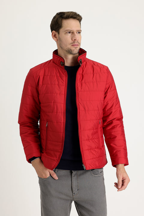 Mercan Kırmızı Super Slim Fit Ekstra Dar Kesim Kapitone Spor Mont