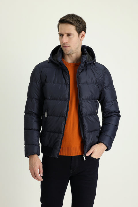 Orta Lacivert Kapüşonlu Şişme Mont