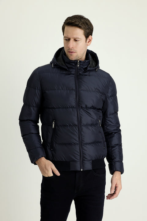 Orta Lacivert Kapüşonlu Şişme Mont