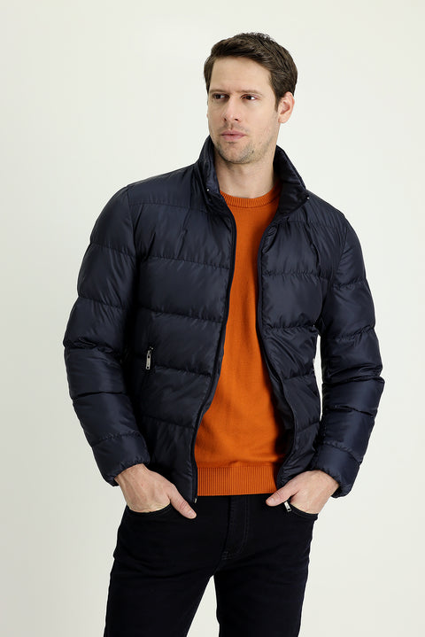 Orta Lacivert Kapüşonlu Şişme Mont