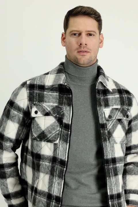 Orta Gri Slim Fit Dar Kesim Ekose Spor Mont