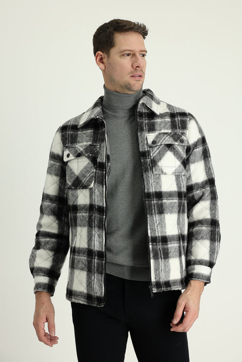 Orta Gri Slim Fit Dar Kesim Ekose Spor Mont