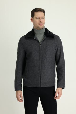  Orta Gri Kürk Yaka Yünlü Mont