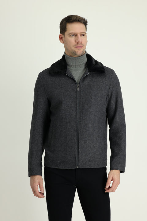 Orta Gri Kürk Yaka Yünlü Mont