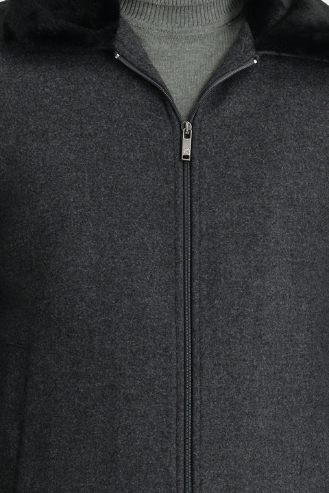 Orta Gri Kürk Yaka Yünlü Mont