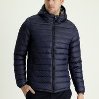 Orta Lacivert Slim Fit Dar Kesim Kapüşonlu Kapitone Spor Mont