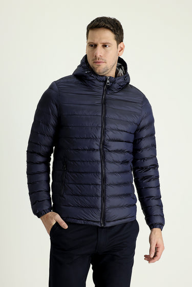 Orta Lacivert Slim Fit Dar Kesim Kapüşonlu Kapitone Spor Mont