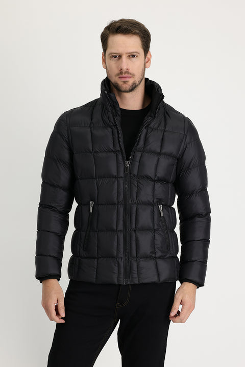 Siyah Slim Fit Dar Kesim Kapüşonlu Kapitone Mont