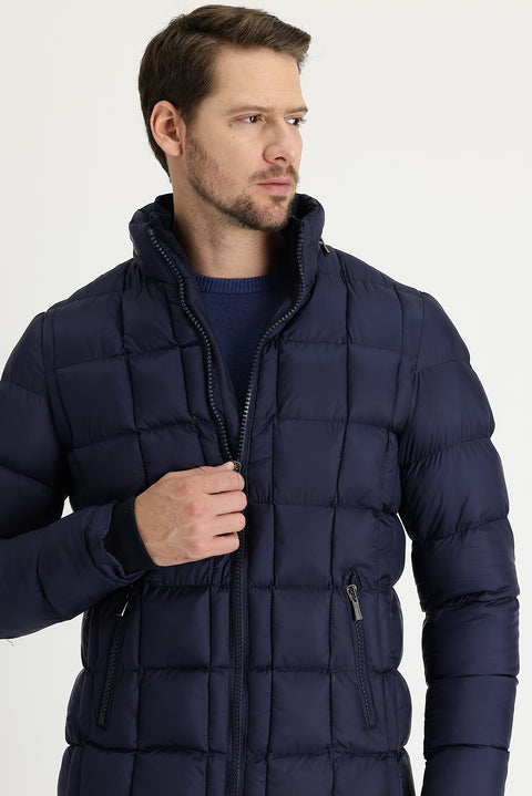 Orta Lacivert Slim Fit Dar Kesim Kapüşonlu Kapitone Mont