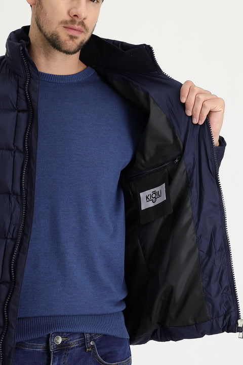 Orta Lacivert Slim Fit Dar Kesim Kapüşonlu Kapitone Mont