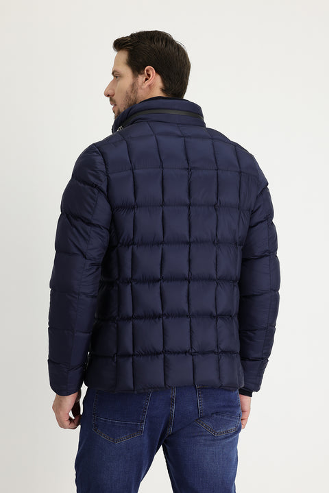 Orta Lacivert Slim Fit Dar Kesim Kapüşonlu Kapitone Mont