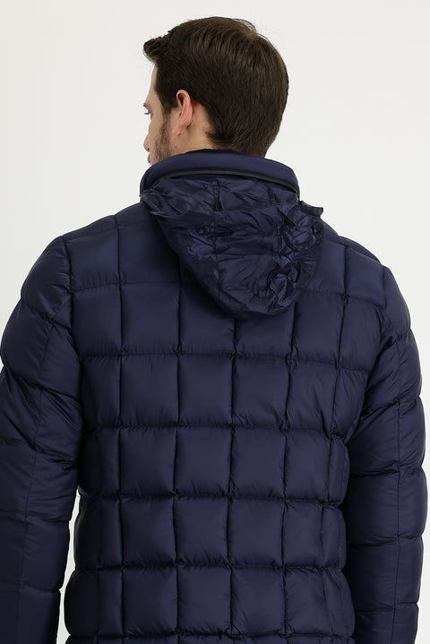 Orta Lacivert Slim Fit Dar Kesim Kapüşonlu Kapitone Mont