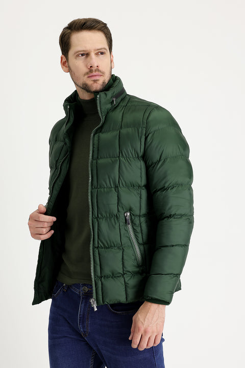 Orta Haki Slim Fit Dar Kesim Kapüşonlu Kapitone Mont