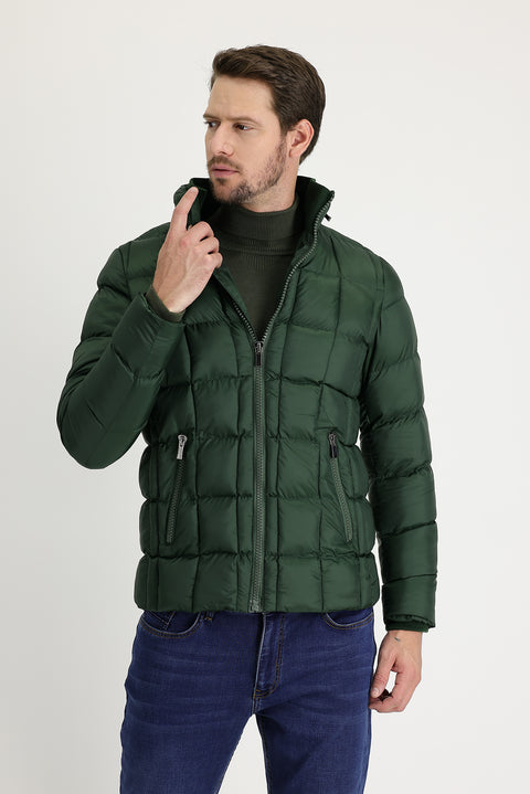 Orta Haki Slim Fit Dar Kesim Kapüşonlu Kapitone Mont