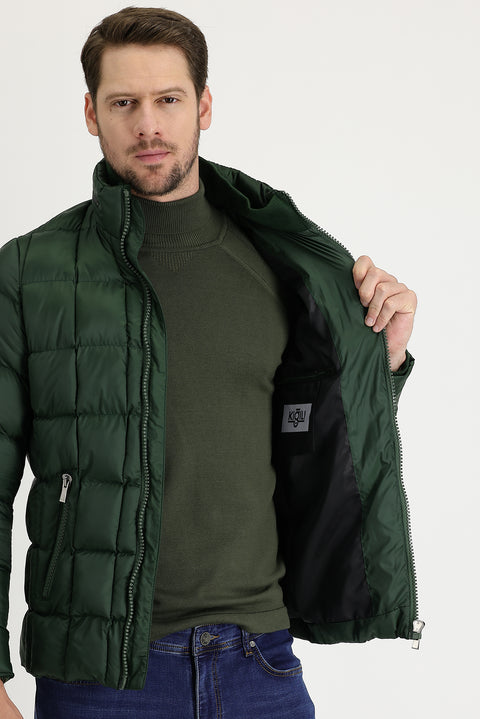 Orta Haki Slim Fit Dar Kesim Kapüşonlu Kapitone Mont