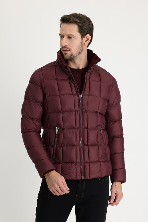 Koyu Bordo Slim Fit Dar Kesim Kapüşonlu Kapitone Mont