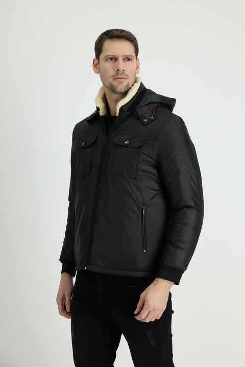 Siyah Kapüşonlu Kürklü Şişme Mont