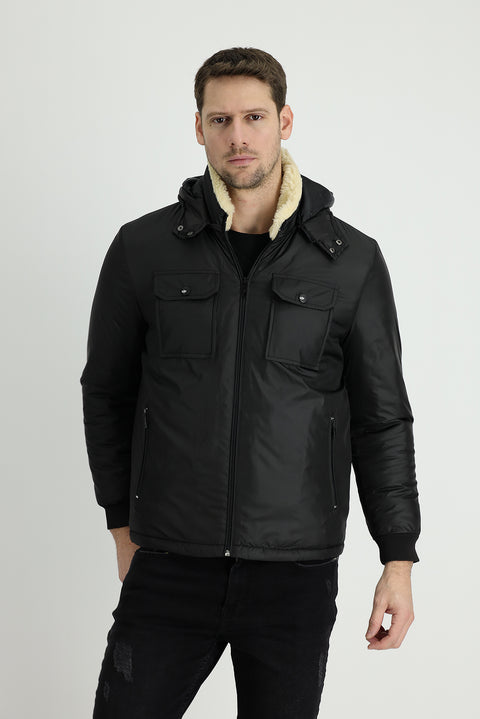 Siyah Kapüşonlu Kürklü Şişme Mont