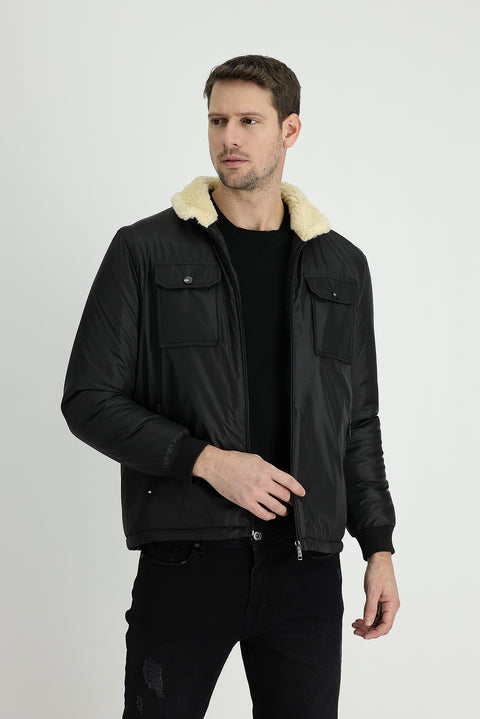 Siyah Kapüşonlu Kürklü Şişme Mont