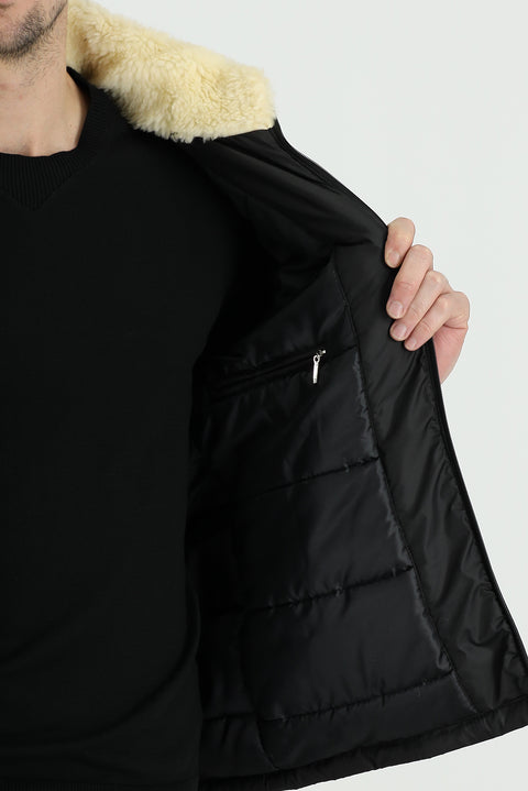 Siyah Kapüşonlu Kürklü Şişme Mont