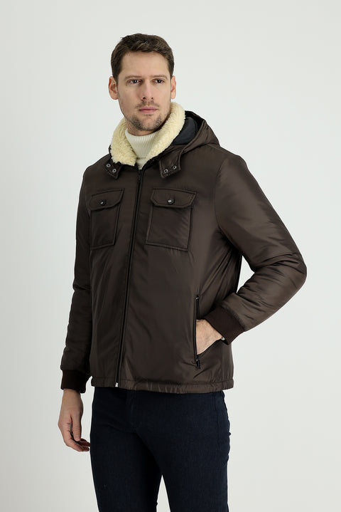 Orta Kahve Kapüşonlu Kürklü Şişme Mont