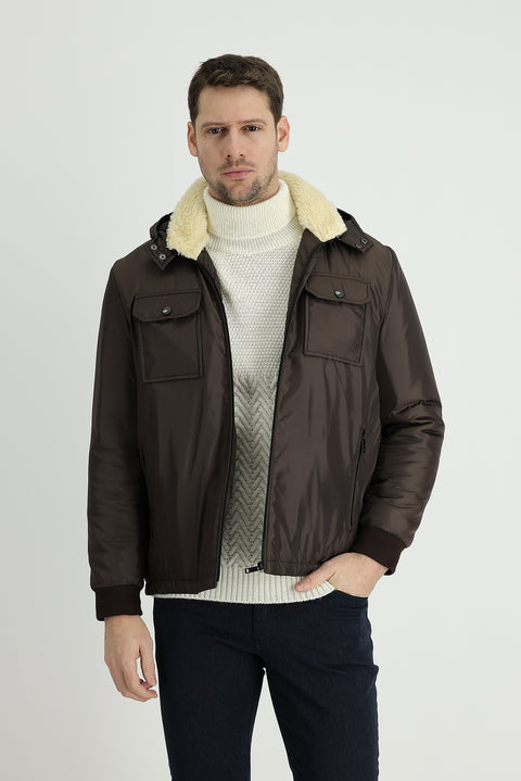 Orta Kahve Kapüşonlu Kürklü Şişme Mont