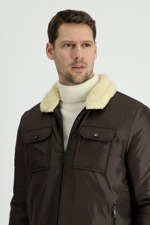 Orta Kahve Kapüşonlu Kürklü Şişme Mont