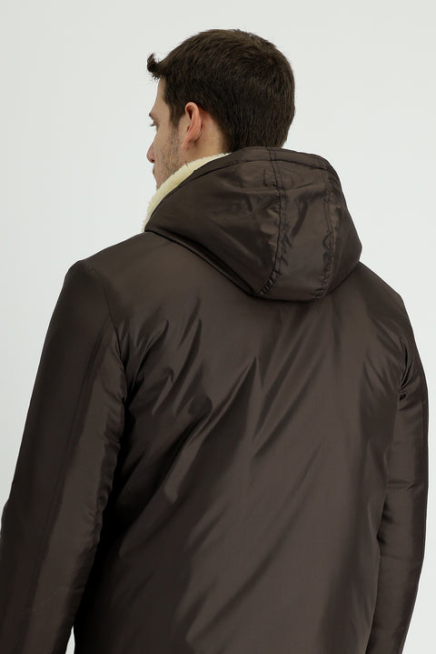 Orta Kahve Kapüşonlu Kürklü Şişme Mont