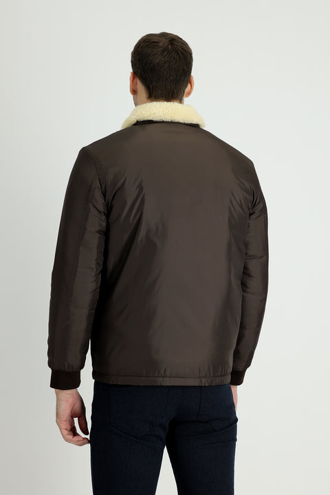 Orta Kahve Kapüşonlu Kürklü Şişme Mont