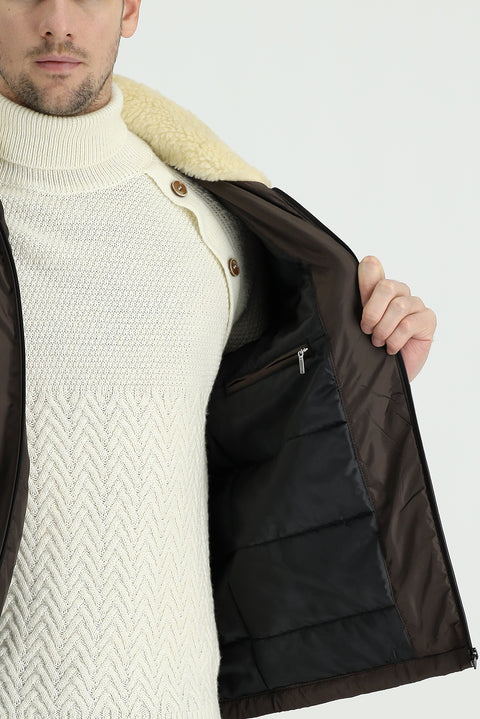 Orta Kahve Kapüşonlu Kürklü Şişme Mont