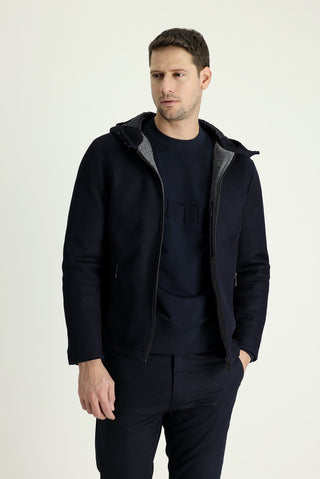  Koyu Lacivert Slim Fit Dar Kesim Kapüşonlu Spor Mont