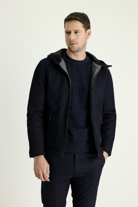 Koyu Lacivert Slim Fit Dar Kesim Kapüşonlu Spor Mont