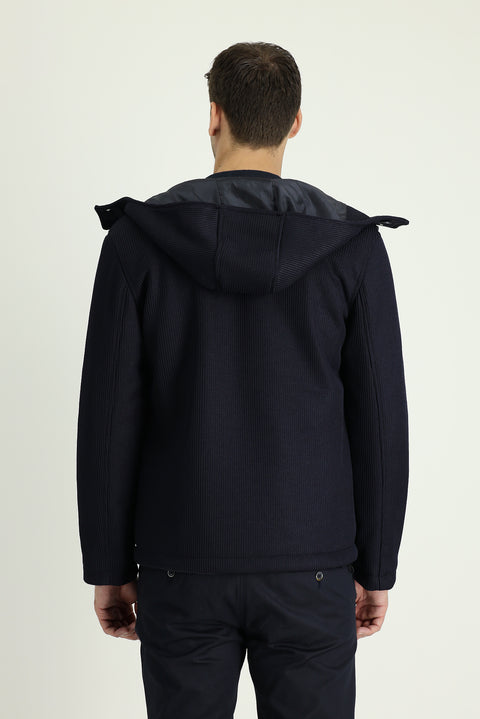 Koyu Lacivert Slim Fit Dar Kesim Kapüşonlu Spor Mont