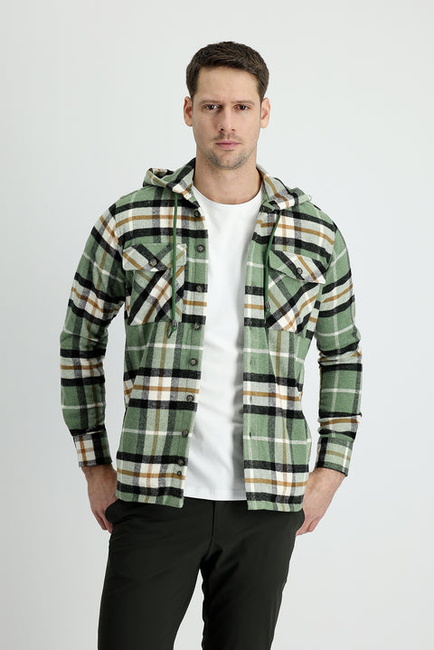 Fıstık Yeşili Slim Fit Dar Kesim Kapüşonlu Ekose Shacket Gömlek/Mont