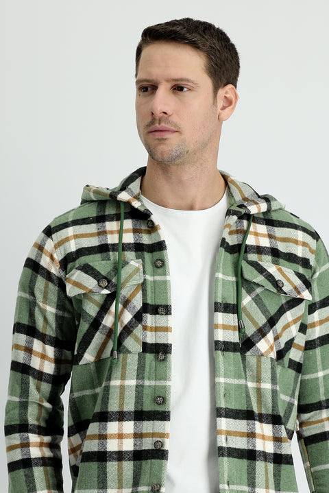 Fıstık Yeşili Slim Fit Dar Kesim Kapüşonlu Ekose Shacket Gömlek/Mont