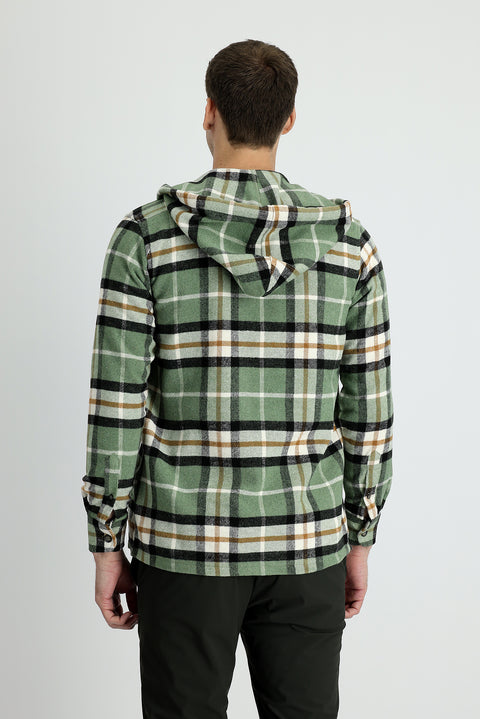 Fıstık Yeşili Slim Fit Dar Kesim Kapüşonlu Ekose Shacket Gömlek/Mont