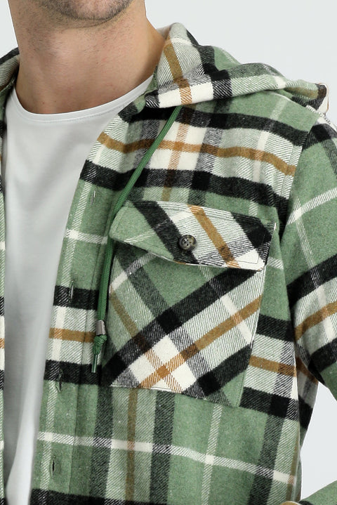 Fıstık Yeşili Slim Fit Dar Kesim Kapüşonlu Ekose Shacket Gömlek/Mont