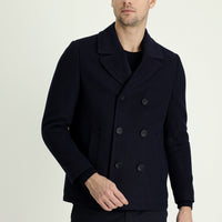 Koyu Lacivert Slim Fit Dar Kesim Yünlü Kruvaze Kaban