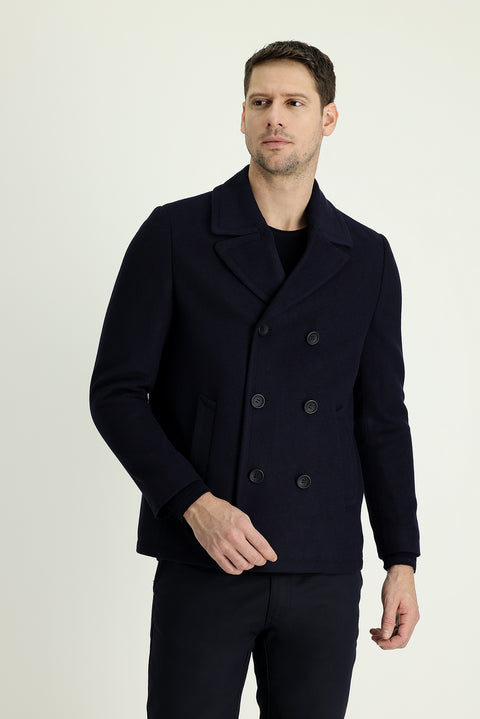 Koyu Lacivert Slim Fit Dar Kesim Yünlü Kruvaze Kaban