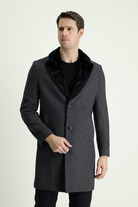 Orta Füme Kürk Yaka Yünlü Kaban