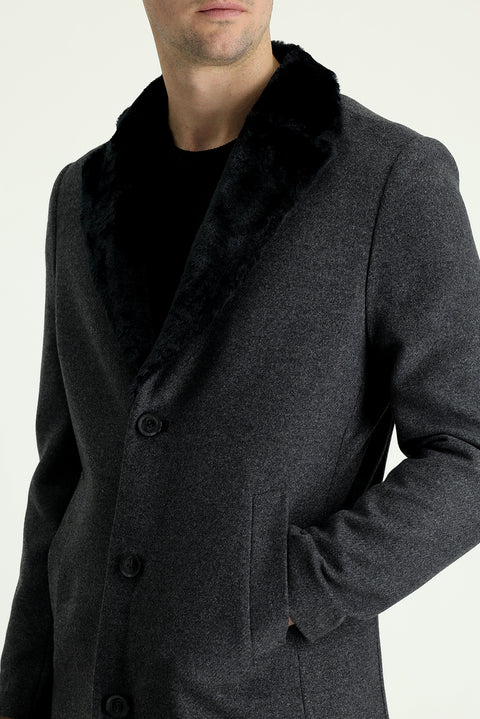 Orta Füme Kürk Yaka Yünlü Kaban