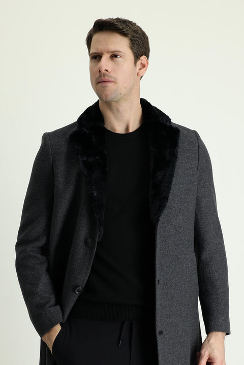 Orta Füme Kürk Yaka Yünlü Kaban