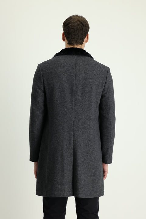 Orta Füme Kürk Yaka Yünlü Kaban