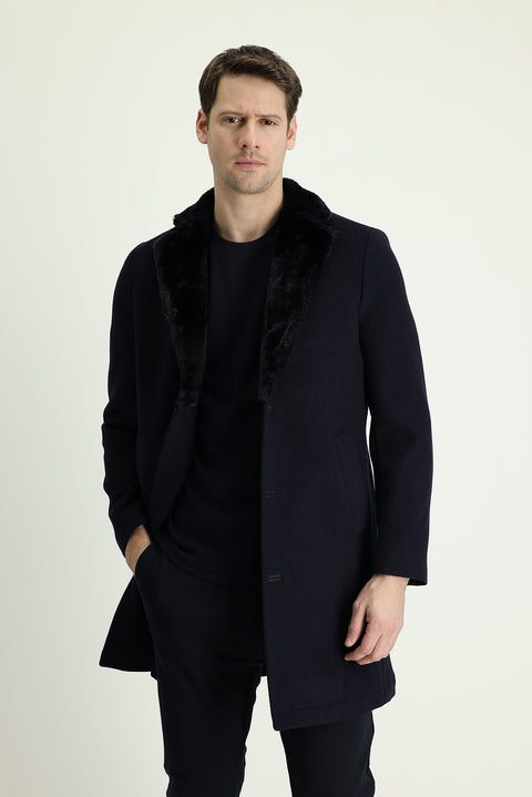 Koyu Lacivert Kürk Yaka Yünlü Kaban