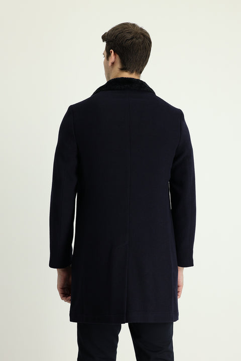 Koyu Lacivert Kürk Yaka Yünlü Kaban