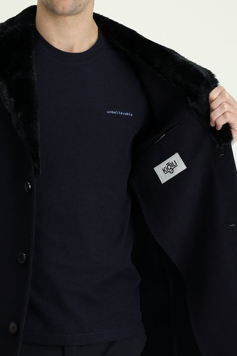 Koyu Lacivert Kürk Yaka Yünlü Kaban