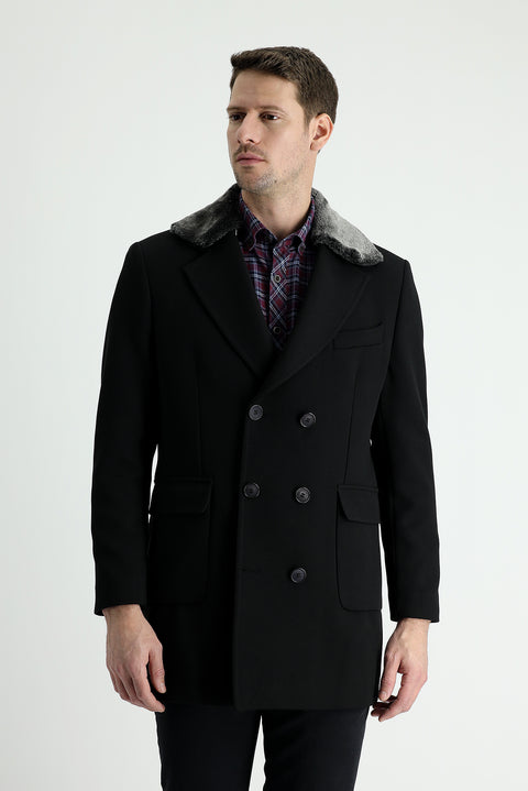 Siyah Kürk Yaka Kruvaze Kaban